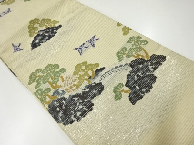 アンティーク　絽寺院に松・鳥模様織出し丸帯（材料）
